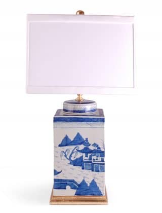 26″ Square Blue and White Warrior Tea Caddie Lamp